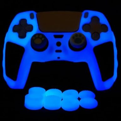 Glow in The Dark PS5 Controller Skin,Blue Anti Slip Soft Thicked Studded Silicone Cover Skins Compatible with PS5 Controller,Include 8 PCS Blue Thumb Grips Glow and 2 Cat Paw Grips Accessories.