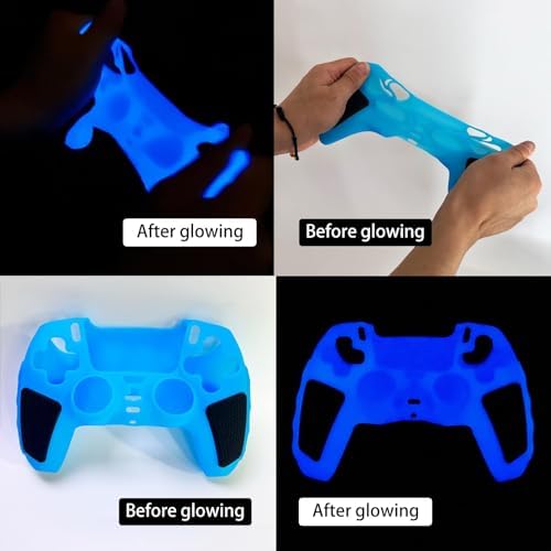 Glow in The Dark PS5 Controller Skin,Blue Anti Slip Soft Thicked Studded Silicone Cover Skins Compatible with PS5 Controller,Include 8 PCS Blue Thumb Grips Glow and 2 Cat Paw Grips Accessories. - Image 3