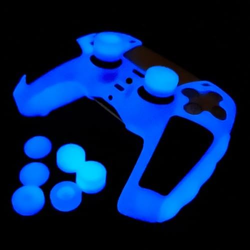 Glow in The Dark PS5 Controller Skin,Blue Anti Slip Soft Thicked Studded Silicone Cover Skins Compatible with PS5 Controller,Include 8 PCS Blue Thumb Grips Glow and 2 Cat Paw Grips Accessories. - Image 4