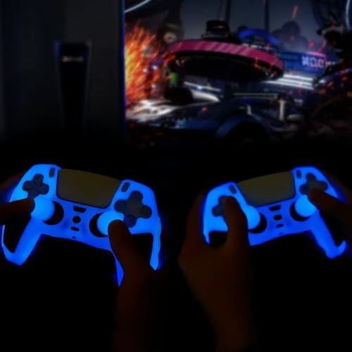 Glow in The Dark PS5 Controller Skin,Blue Anti Slip Soft Thicked Studded Silicone Cover Skins Compatible with PS5 Controller,Include 8 PCS Blue Thumb Grips Glow and 2 Cat Paw Grips Accessories. - Image 7