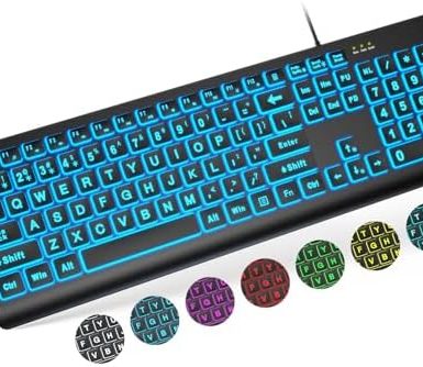 SABLUTE Large Print Backlit Keyboard, Wired USB Lighted Computer Keyboards with 7-Color & 4 Modes Backlit, Oversize Letters Keys Easy to See and Type, Keyboard Compatible for PC, Laptop